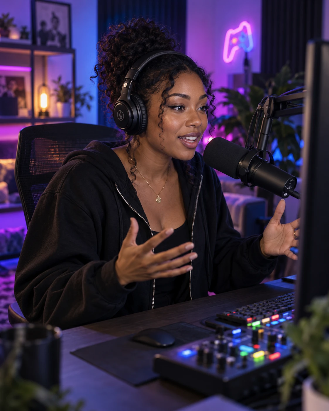 A streamer mid sentence on a studio mic, neon glowing behind her